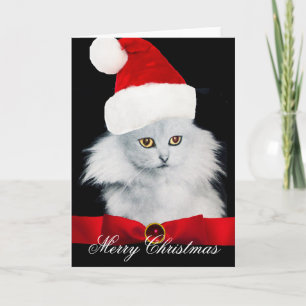 WEISSE CHRISTMAS KATZE MIT SANTA CLAUS HAT FEIERTAGSKARTE