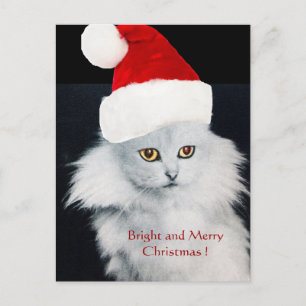 WEISSE CHRISTMAS KATZE MIT SANTA CLAUS HAT FEIERTAGSPOSTKARTE