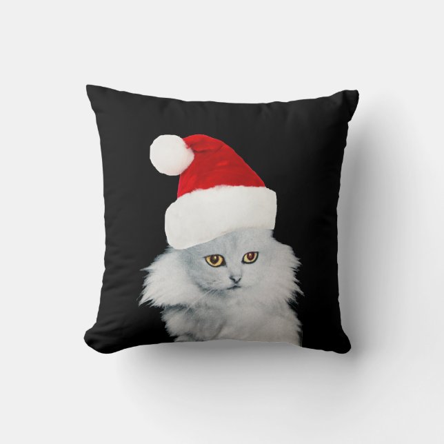 WEISSE CHRISTMAS KATZE MIT SANTA CLAUS HAT KISSEN (Vorderseite)