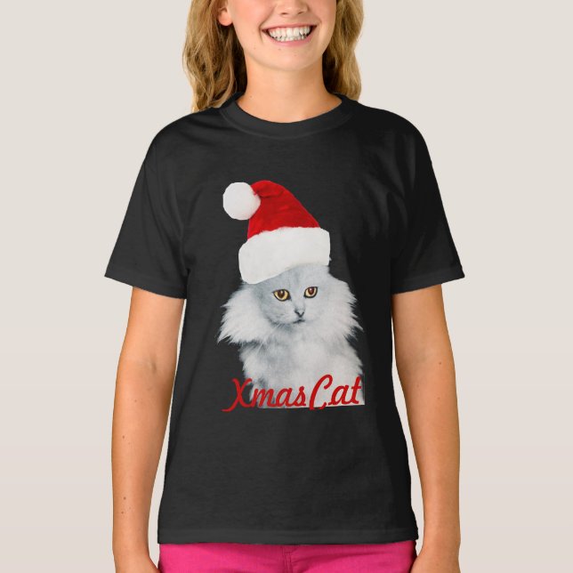 WEISSE CHRISTMAS KATZE MIT SANTA CLAUS HAT T-Shirt (Vorderseite)