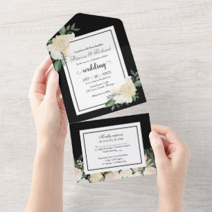 Weiße Creme Blumen auf schwarzer eleganter Hochzei All In One Einladung