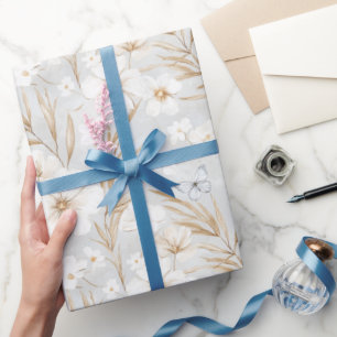 Weiße Creme Blumen Blaue Schmetterlinge Brautdusch Geschenkpapier