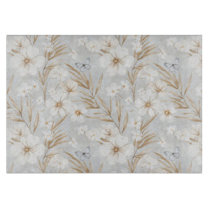 Weiße Creme Blumen Blaue Schmetterlinge Brautparty Schneidebrett