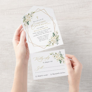 Weiße Creme Blumen, Boho, Erste heilige Kommunion All In One Einladung