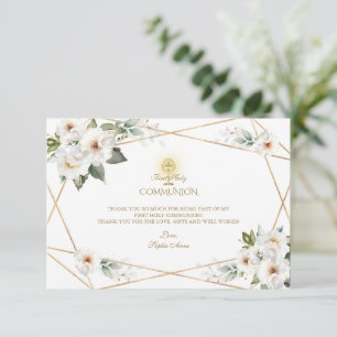 Weiße Creme Blumen Gold Mädchen Erste Heilige Komm Dankeskarte