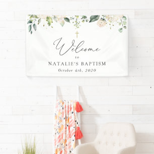 Weiße cremefarbene Blumen, Boho, Florale Taufe Wil Banner