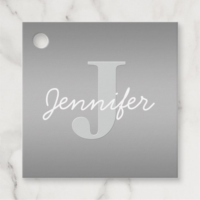 Weiße Cursive und Grau-Monogramm | Editierbare Far Geschenkanhänger (Vorderseite)