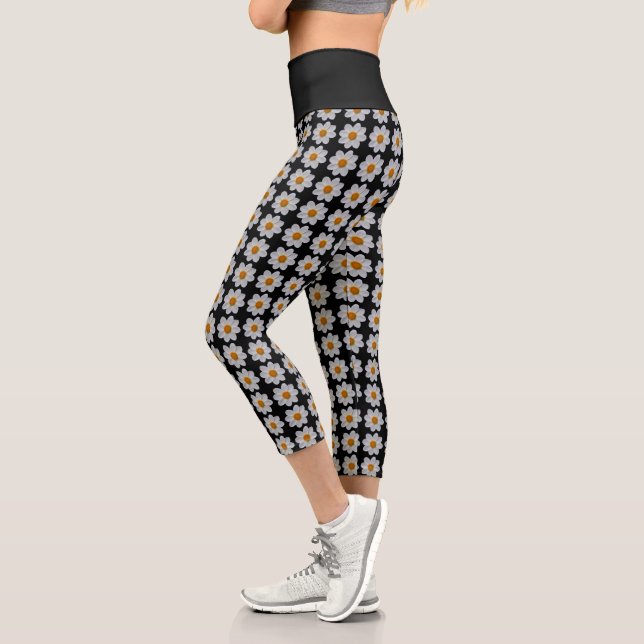 Weiße Dahlia Blumenmuster auf schwarz Capri Leggings (Links)