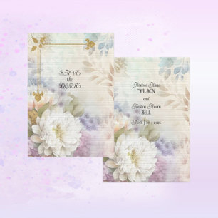 Weiße Dahlien mit pastellfarbenen Lila und blauen  Save The Date