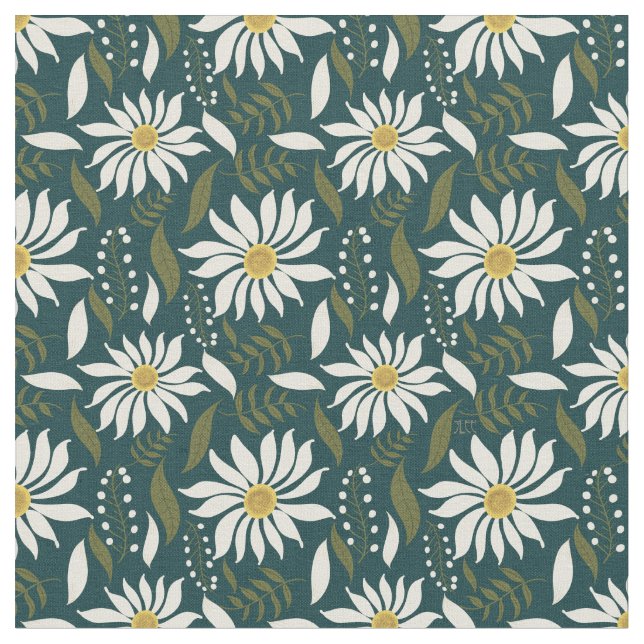 Weiße Daisy-Aquamarine Blumenmuster Stoff (Nahaufnahme)