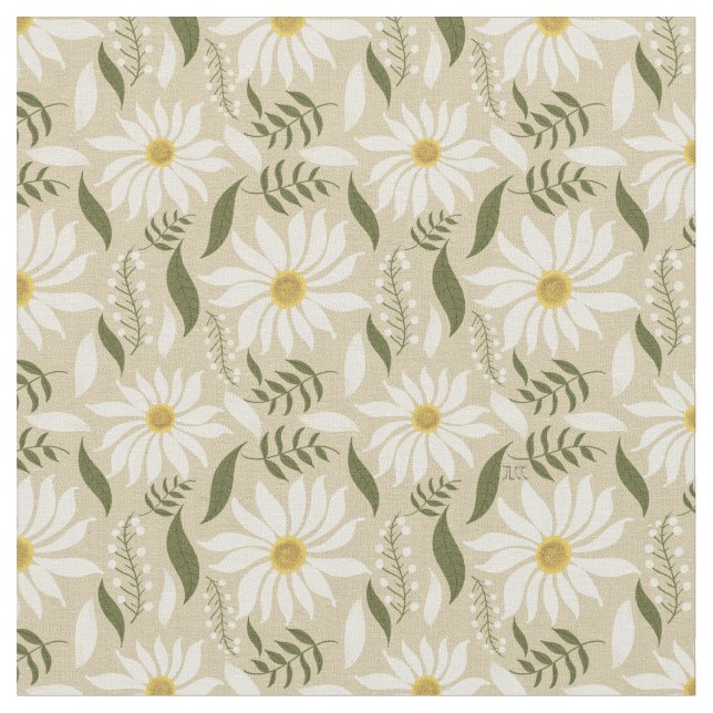 Weiße Daisy Beige Blumenmuster Stoff (Nahaufnahme)