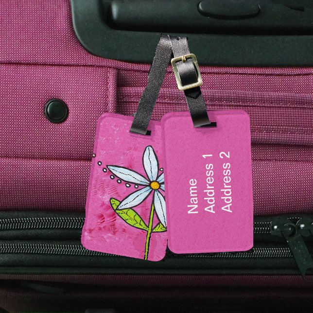 Weiße Daisy-Blume Rosa Gepäckanhänger (Bold bright white daisy flower green leaves white dot accents on vibrant pink luggage tags.)