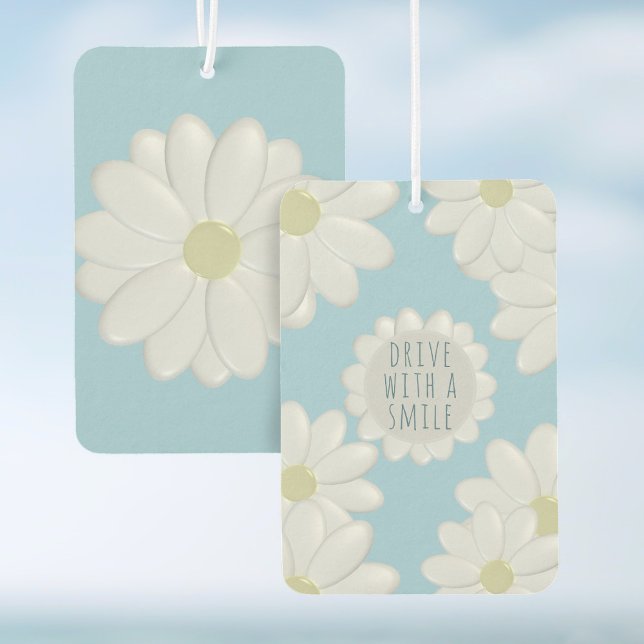 Weiße Daisy-Fahrt mit einem Lächelfusskühler Autolufterfrischer (Always drive with a smile! A pretty springtime daisy air freshener just for you)