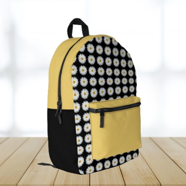 Weiße Daisy-Floral-Muster auf schwarz Bedruckter Rucksack (In Situ Angled)