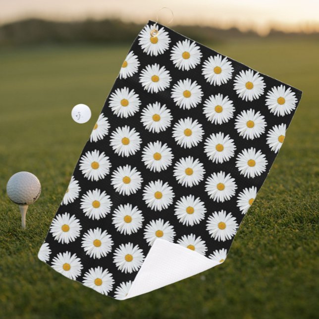 Weiße Daisy-Floral-Muster auf schwarz Golfhandtuch (In Situ Golf)
