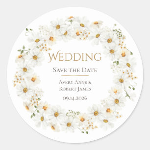 Weiße Daisy-Kranz-Aquarell hübsche Save-the-Date-K Runder Aufkleber