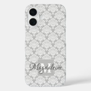 Weiße Damaske auf grauem Monogramm und Hübscher Na iPhone 16 Hülle