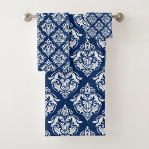 Weiße Damaskus Muster Custom Navy Blue Background Badhandtuch Set