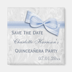 Weiße Damast & Blaue Schleife Quinceañera Save The Magnet