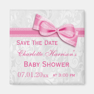 Weiße Damast & rosa Schleife Baby Shower Save The  Magnet