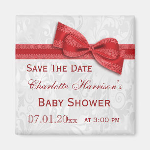 Weiße Damast & Rote Schleife Baby Shower Save The Magnet