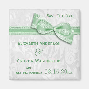 Weiße Damast- und falsche Schleife Save The Date Magnet