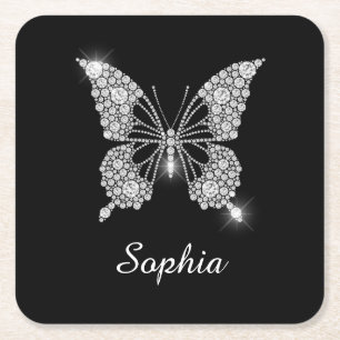 Weiße Diamant-Schmetterling, DIY-Schriftname, Schw Rechteckiger Pappuntersetzer