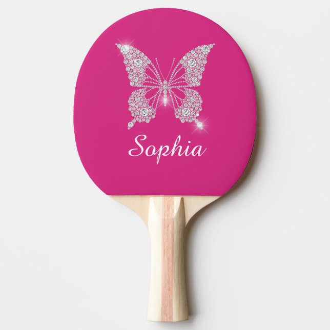 Weiße Diamant-Schmetterling, Schriftname, Fuchsia Tischtennis Schläger (Vorderseite)