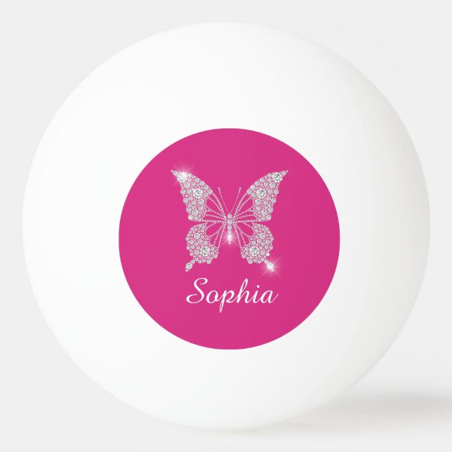 Weiße Diamant-Schmetterling, Schriftname, Fuchsia Tischtennisball (Vorderseite)