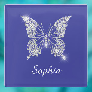 Weiße Diamant-Schmetterling, Schriftname, Tiefblau Glasuntersetzer