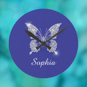 Weiße Diamant-Schmetterling, Schriftname, Tiefblau Runde Wanduhr