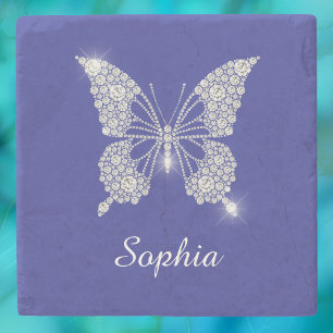 Weiße Diamant-Schmetterling, Schriftname, Tiefblau Steinuntersetzer
