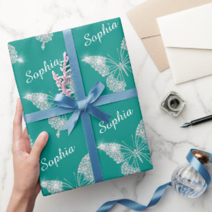 Weiße Diamanten Schmetterling Glitzerschrift Name, Geschenkpapier