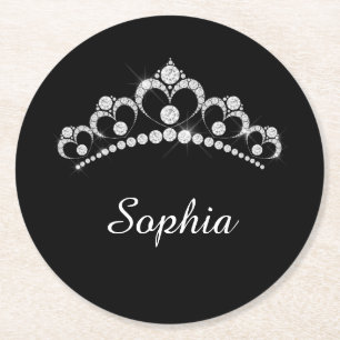 Weiße Diamantkrone, DIY-Schriftname, Schwarz Runder Pappuntersetzer