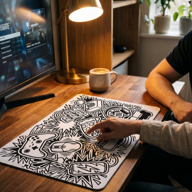 Weiße Doodle-Gaming-Icons Mousepad (Von Creator hochgeladen)
