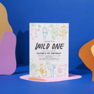 Weiße Doodle Party 1. Geburtstag Einladung