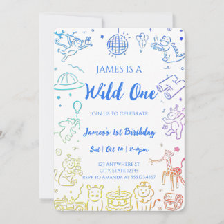 Weiße Doodle Party 1. Geburtstag Einladung