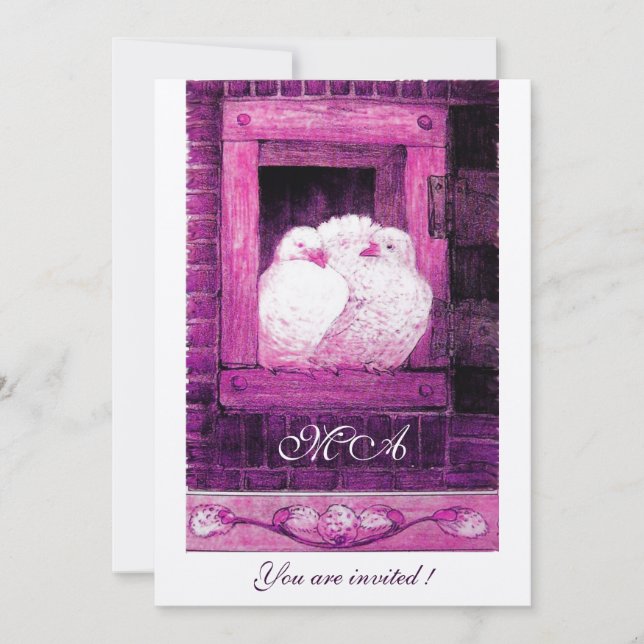 WEISSE DOVEN AM FENSTER-Monogramm-Champagner Einladung (Vorderseite)