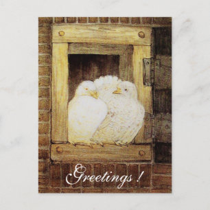 WEISSE DOVEN IM FENSTER, antik-braun-gelb Postkarte