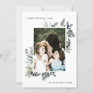 Weiße düstere grüne Weihnachts-Blattwerk-Foto Glüc Feiertagskarte