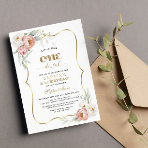 Weiße Dusty Rose Blume Erster Geburtstag & Taufe Einladung