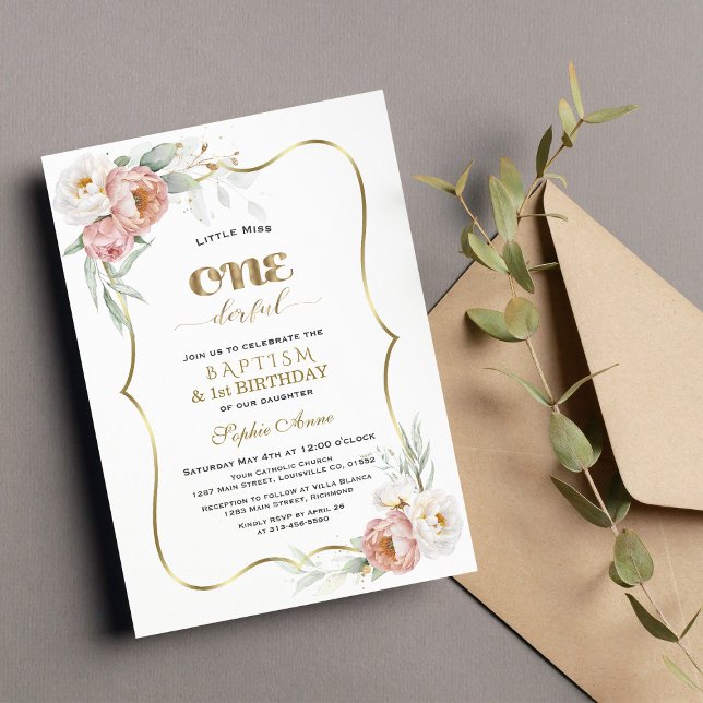 Weiße Dusty Rose Blume Erster Geburtstag & Taufe Einladung (Von Creator hochgeladen)