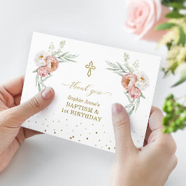 Weiße Dusty-Rose Floral 1. Geburtstag Taufe Dankeskarte