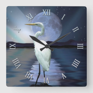 Weiße Egret, Vollmond & Aurora Wildlife Scene Quadratische Wanduhr