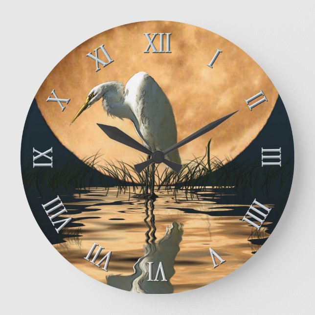 Weiße Egret & Vollmond Naturlandschaft Szene Große Wanduhr (Vorderseite)