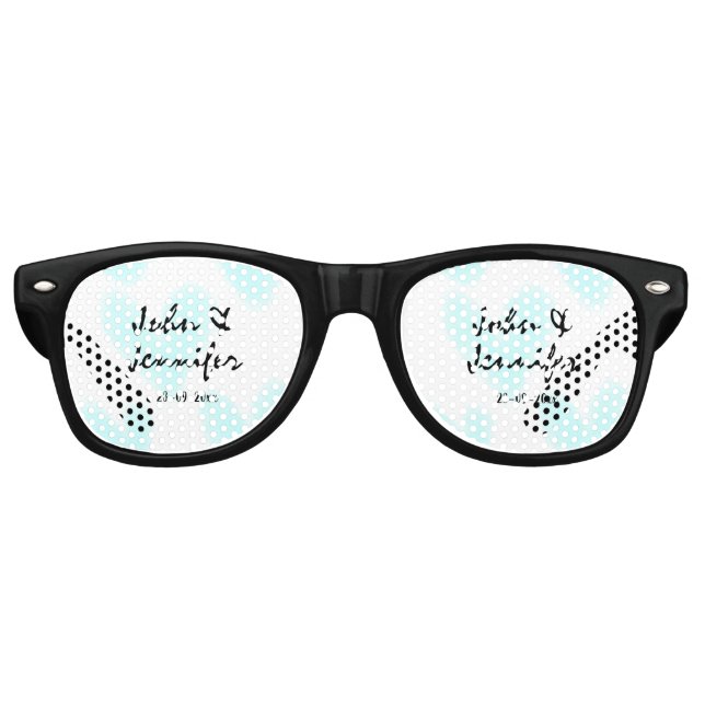 weiße einfache minimale Textstil-Hochzeit blaues H Partybrille (Vorderseite)