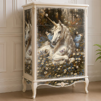 Weiße Einhorn Blaue Butterfly Weide Blumenfantasie Seidenpapier
