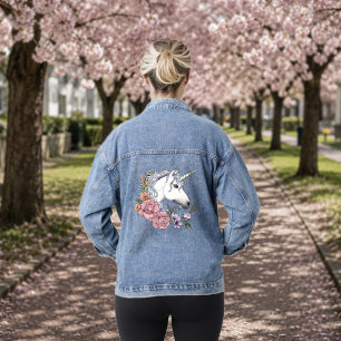 Weiße Einhorn-Blume Rosa Schwarz Jeansjacke