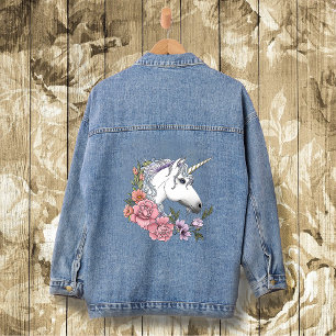 Weiße Einhorn-Blume Rosa Schwarz Jeansjacke