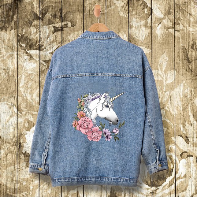 Weiße Einhorn-Blume Rosa Schwarz Jeansjacke (Von Creator hochgeladen)